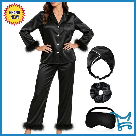 Silk Pajama Set with Feather Trim Long Sleeve Button Down